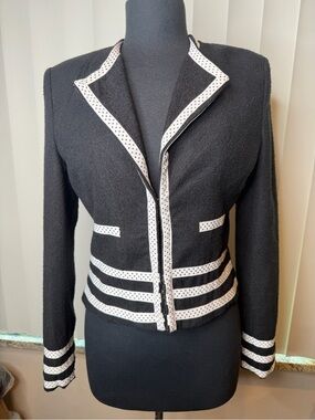 Vintage Carole Little black textured jacket white polka dot grosgrain SZ Med